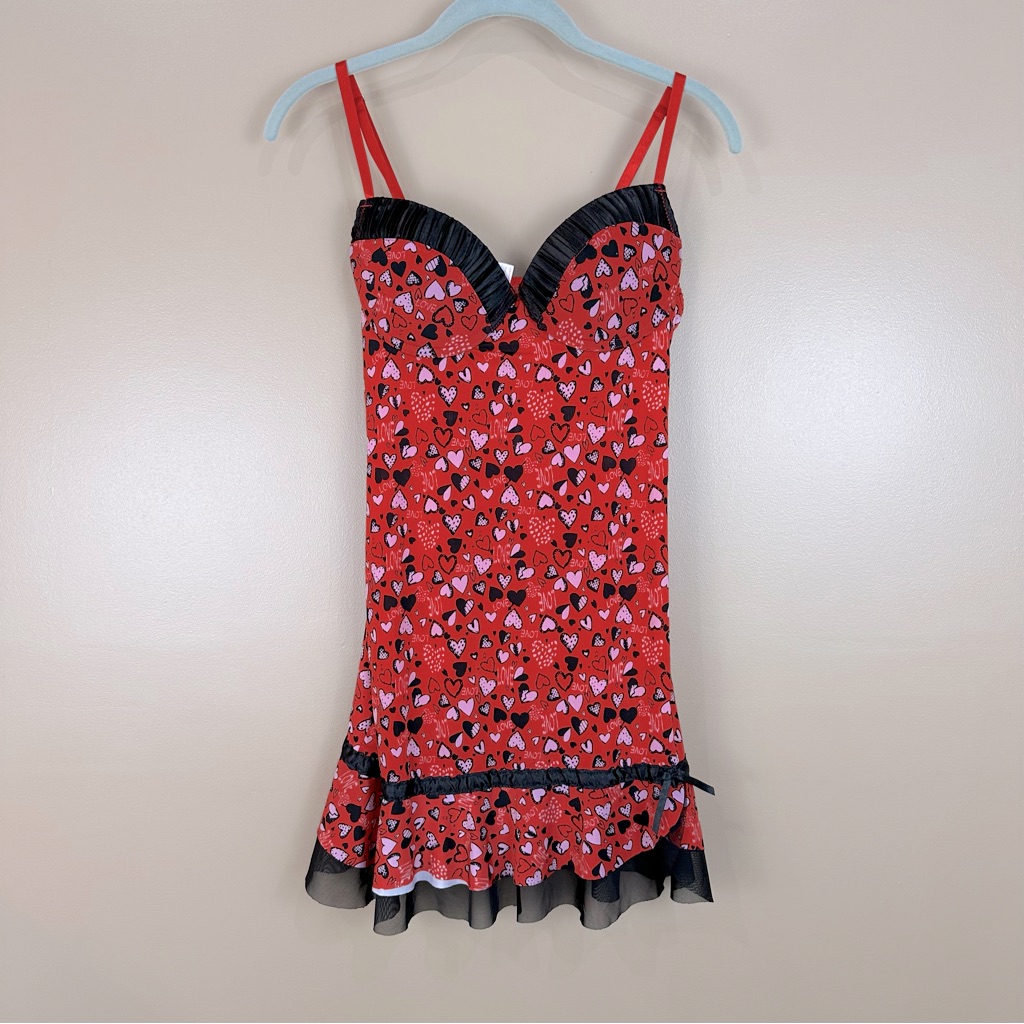 Inteco Intimates Red Pink Black Heart Love Babydoll Nightie Chemise Dress M